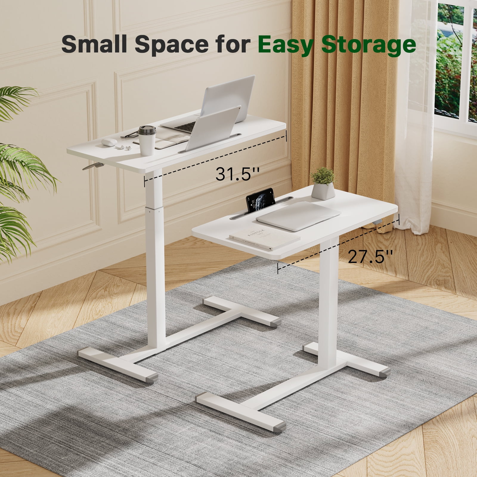 Mobile Standing Desk 27.5inch Adjustable Overbed Bedside Table With Hidden Wheels for Hospital, White