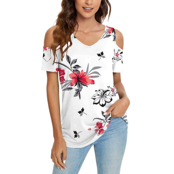 Tops con estampado de hombros descubiertos de manga corta con cuello en V a la moda para mujer Fridja bn8184