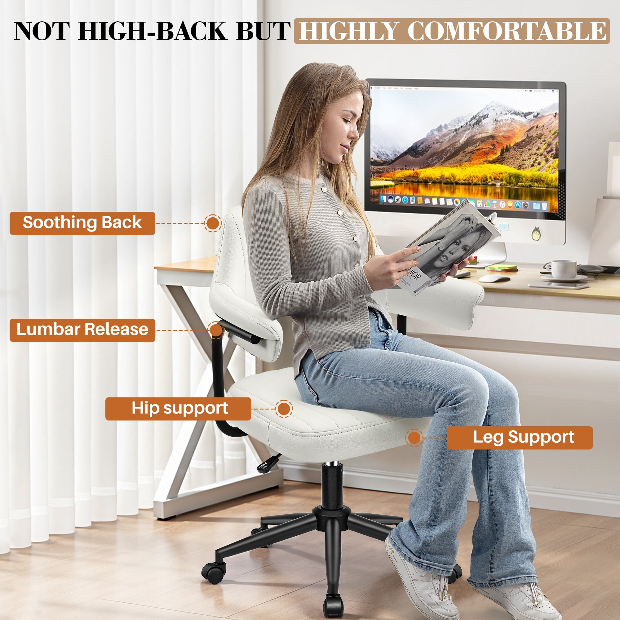 ATHOPE Home Office Chair Set of 2, Executive Small Leather Office Chair, Desk Chair Comfy with Arms, Height Adjustable Swivel Computer Chair with Lumbar Support, White