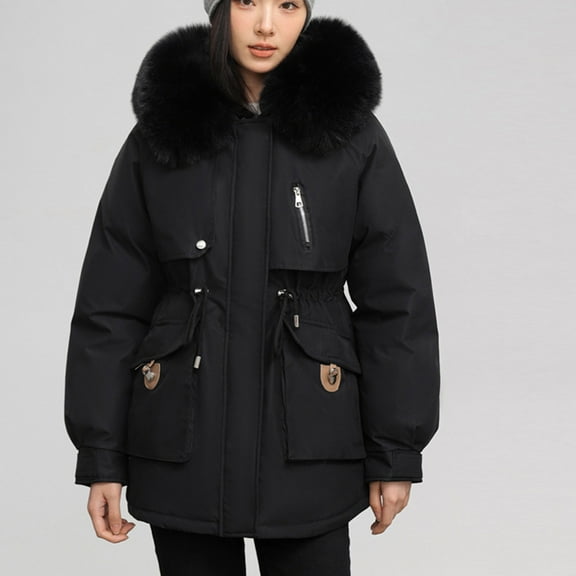 Homenesgenics Winter Jackets Plus Size ! Women's Long-sleeved Women's Clothing Plus Velvet and Thickened Parka Women's Zipper Coat Hooded Puffer Black M