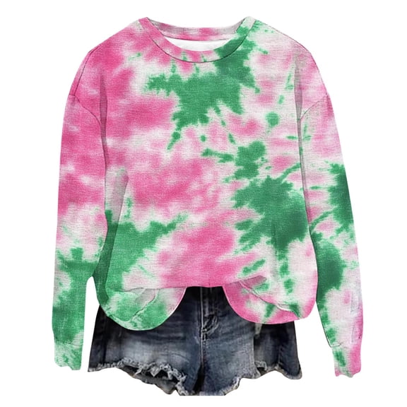 Hueook Hawaiian Shirts for Womens Casual Printed Round Neck Long Sleeved Loose Sweatshirts Green S