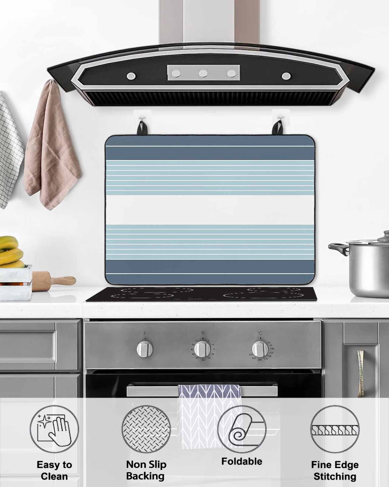 nqOlkjepod Large Induction Cooktop Protector Mat 24"x21", Haze Blue Aqua Stripe Stove Top Covers for Electric Stove, Modern Art Horizontal Striped Stove Burner Cover Mats, Glass Top Stove Cover