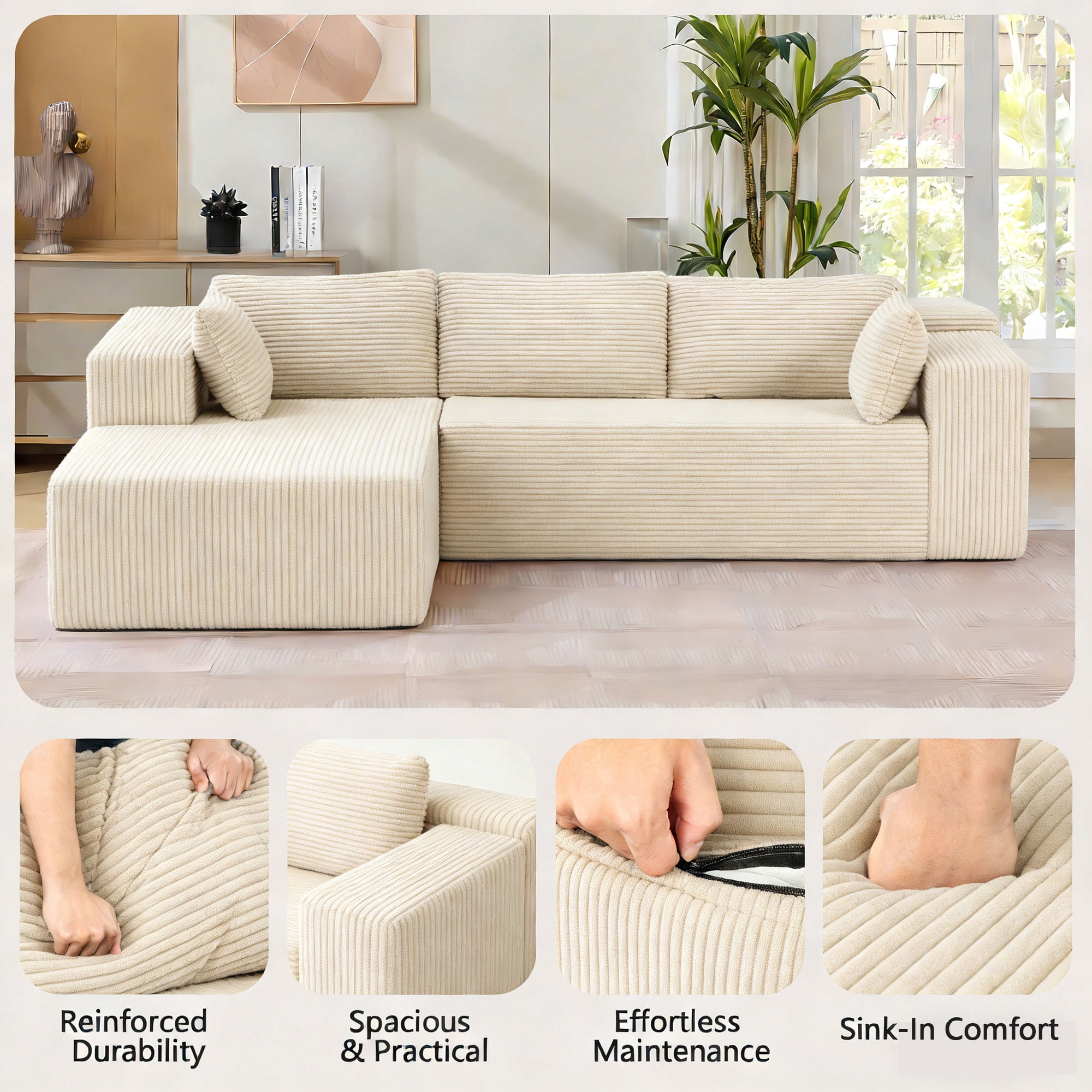 ROOMARK 104.3" L Shaped Sofa Modular, Corduroy Cloud Couches with Deep Seats &High-Back, Upholstered Couches for Living Room Bedroom with Chaise, No Assembly Required