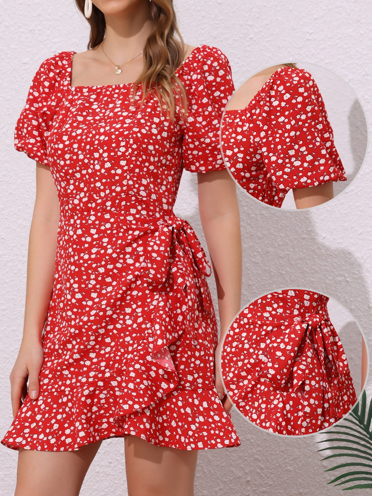 DARING DIVA Square Neck Floral Puff Sleeve Tie Waist Flowy Dress XS Red