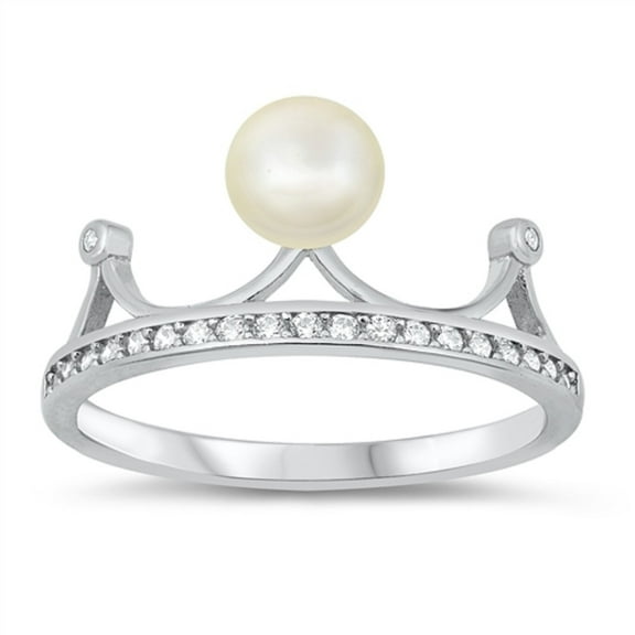 Simulated Pearl Clear CZ Crown Ring Sterling Silver Size 7