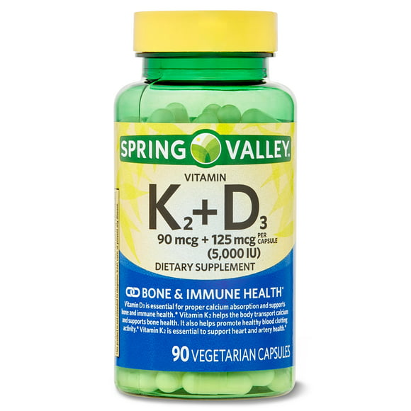 Spring Valley Vitamin K2 (90mcg) + D3 (125mcg) Vegetarian Capsules, 90 Count