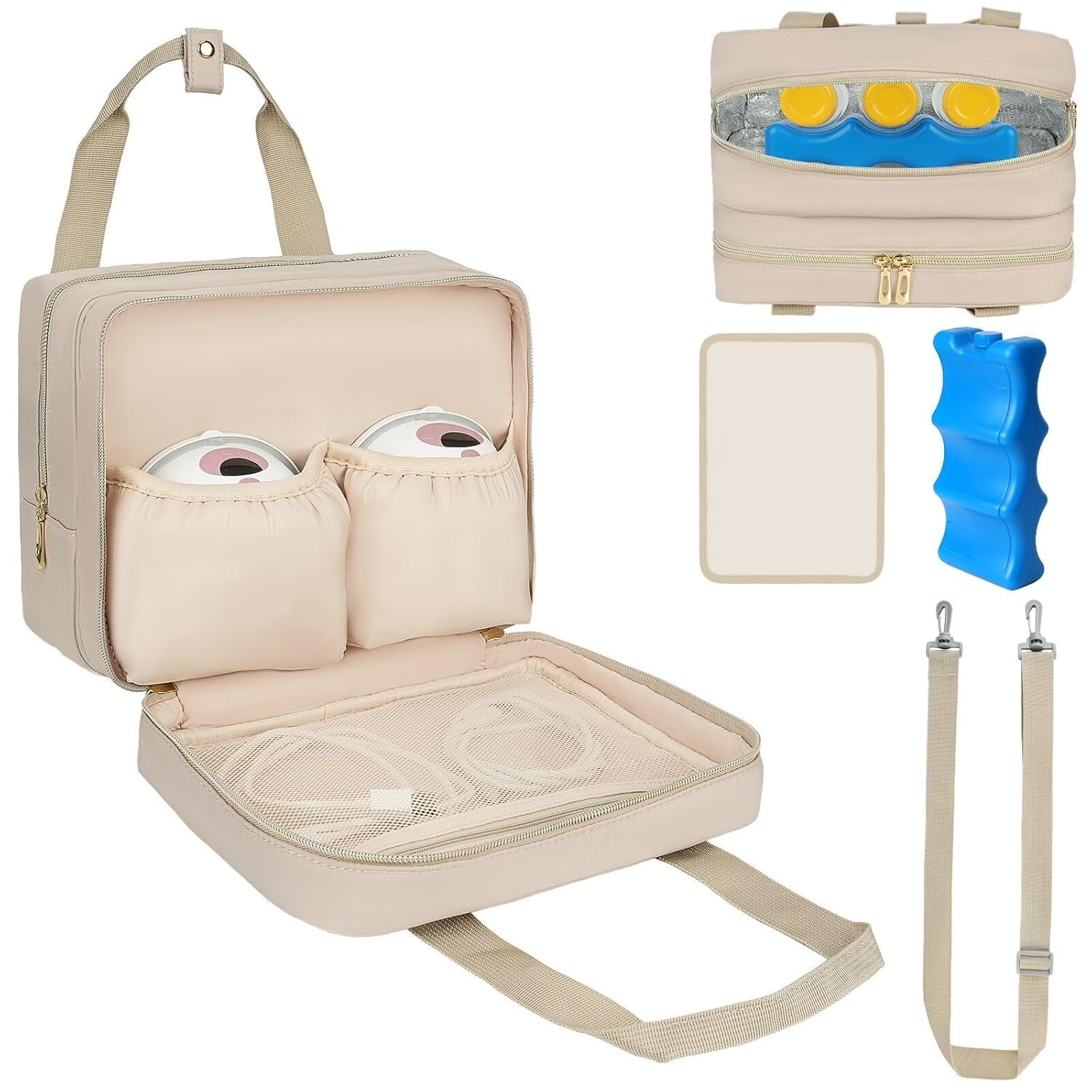 PLERISE Breastmilk Cooler Travel Bag, Wearable Breast Pump Storage Compatible with Momcozy/Eufy/Elvie/Willow with Ice Pack & Waterproof Mat, Khaki