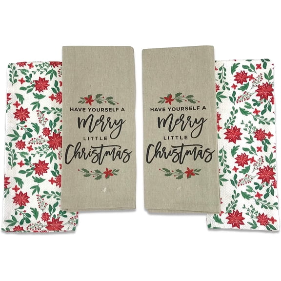 Serafina Home Christmas Kitchen Hand Towels: Have Yourself A Merry Christmas on Flat Weave and Colorful Poinsettia Print on Herringbone Weave, 100% Cotton