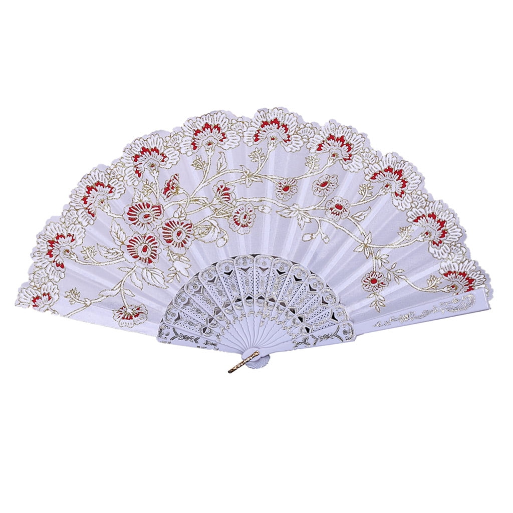 Chinese Floral Rose Hand Fan Folding Silk Lace with Gold Glitter New 
