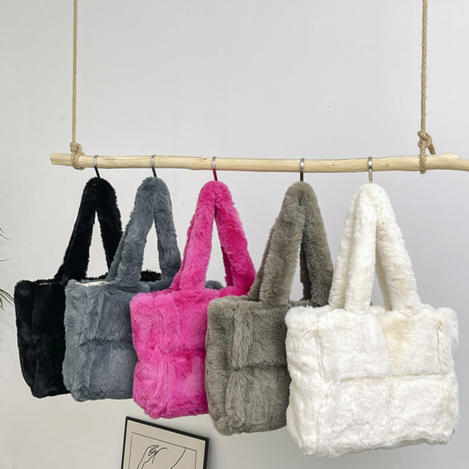 KGJQ Fluffy Tote Bag, Large Fur Purses for Women Winter Fuzzy Totes Plush Shoulder Handbag