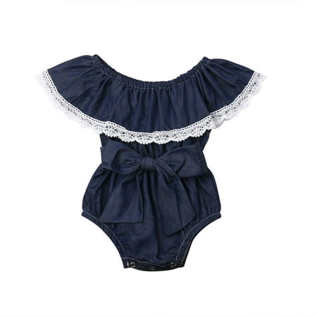 2019 Cute Newborn Baby Girls Blue Short Sleeve Off-Shoulder Lace Romper Jumpsuit Bow Outfits