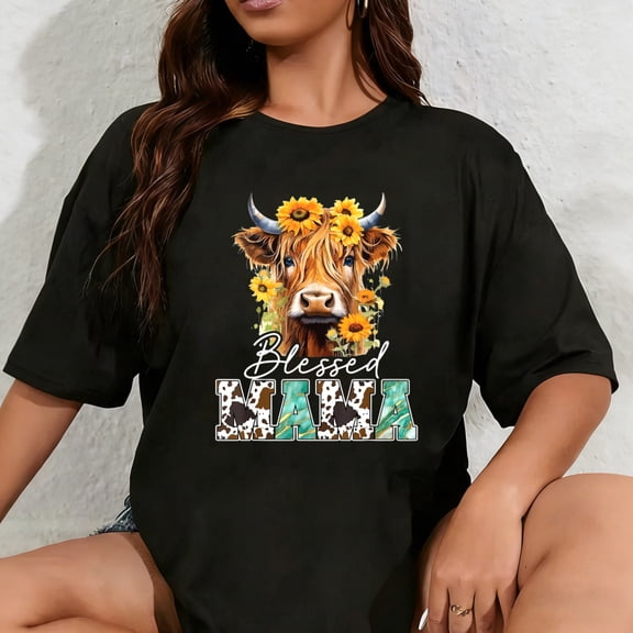100% Cotton Blessed Mama Highland Cow Sunflowers Mothers Day Caring T-Shirt