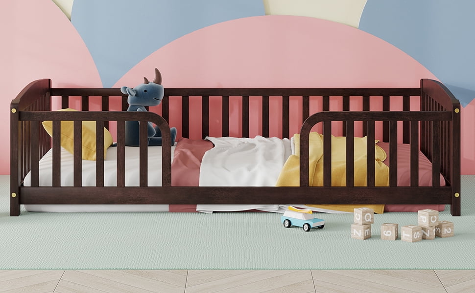 Mintazer Twin Size Toddler Floor Bed with Guardrails & Central Entrance, Espresso