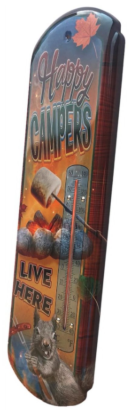Thermometer Hanging Metal ~22 Gauge Metal Lithograph Print Measures 5" x 17" Indoors or Outdoors  (HAPPY CAMPERS)