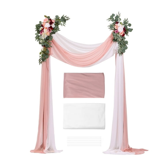 KFFKFF Artificial Wedding Arch Flowers Kit, Pink Floral Decorations with Drapes (Set of 4) - Includes 2 Floral Arrangements and 2 Sheer Drapes for Ceremonies, Bouquets, and Backdrop Decor