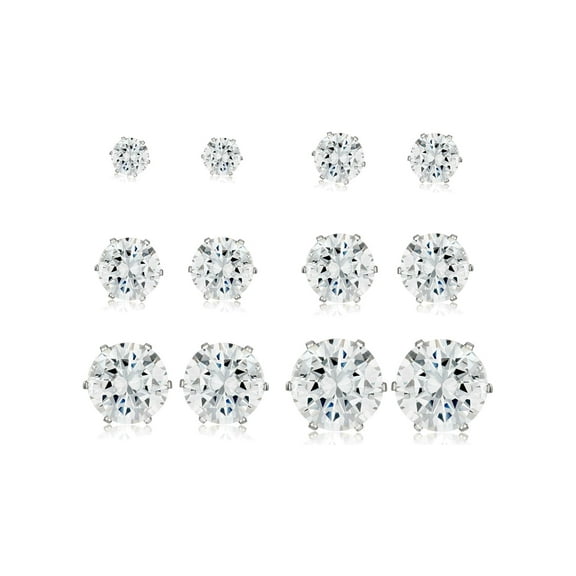ELYA Jewelry Women's 6 Pair Cubic Zirconia Stainless Steel Stud Earring Set
