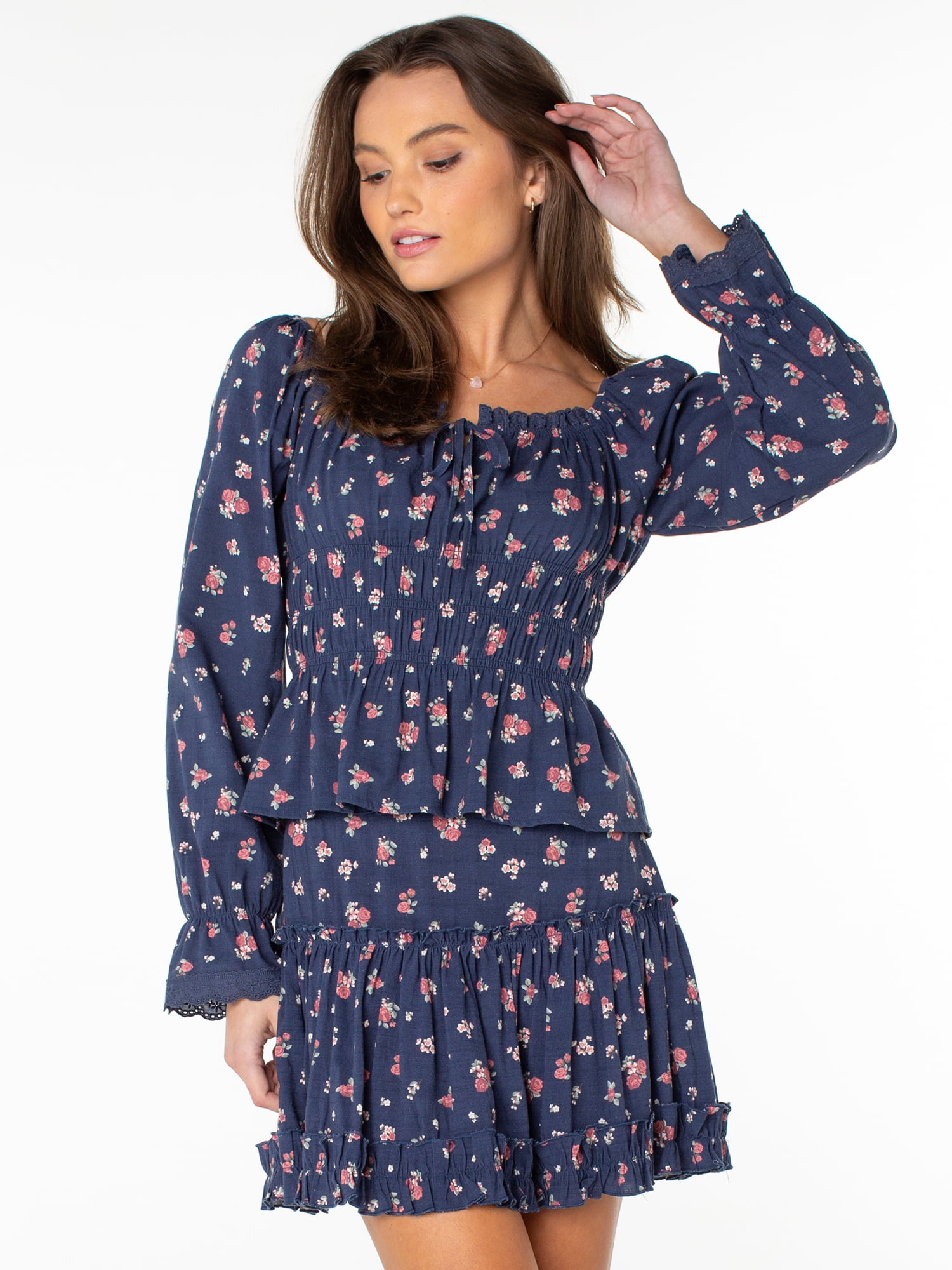 Celebrity Pink Women's Long Sleeve Square Neck Lace Trim Top, Sizes XS-XXXL