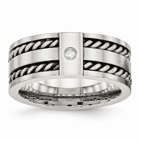 Stainless Steel Antiqued and Brushed With Cubic Zirconia Twisted 9.00mm Band Ring - Size 12.5