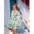 thumbnail image 4 of Autumn Women'S Dress V-Neck Long Sleeve Elastic Waist Bohemian Beach Resort Wear Floral Mini Summer Dress Green XL, 4 of 9