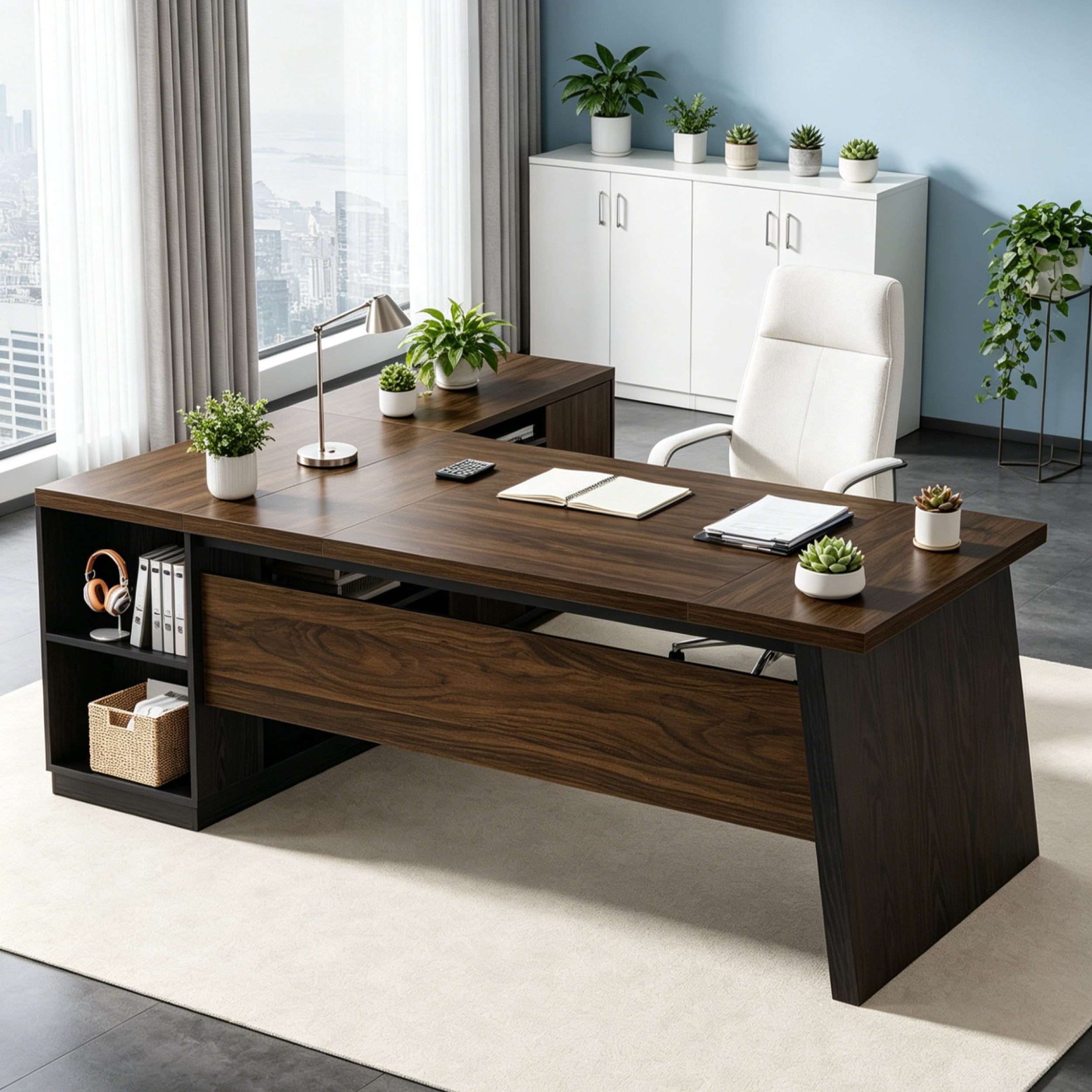 Fnova 77" Large L-Shaped Executive Office Desk with File Drawers and Storage Shelves, Modern Computer Desk Writing Desk for Home Office