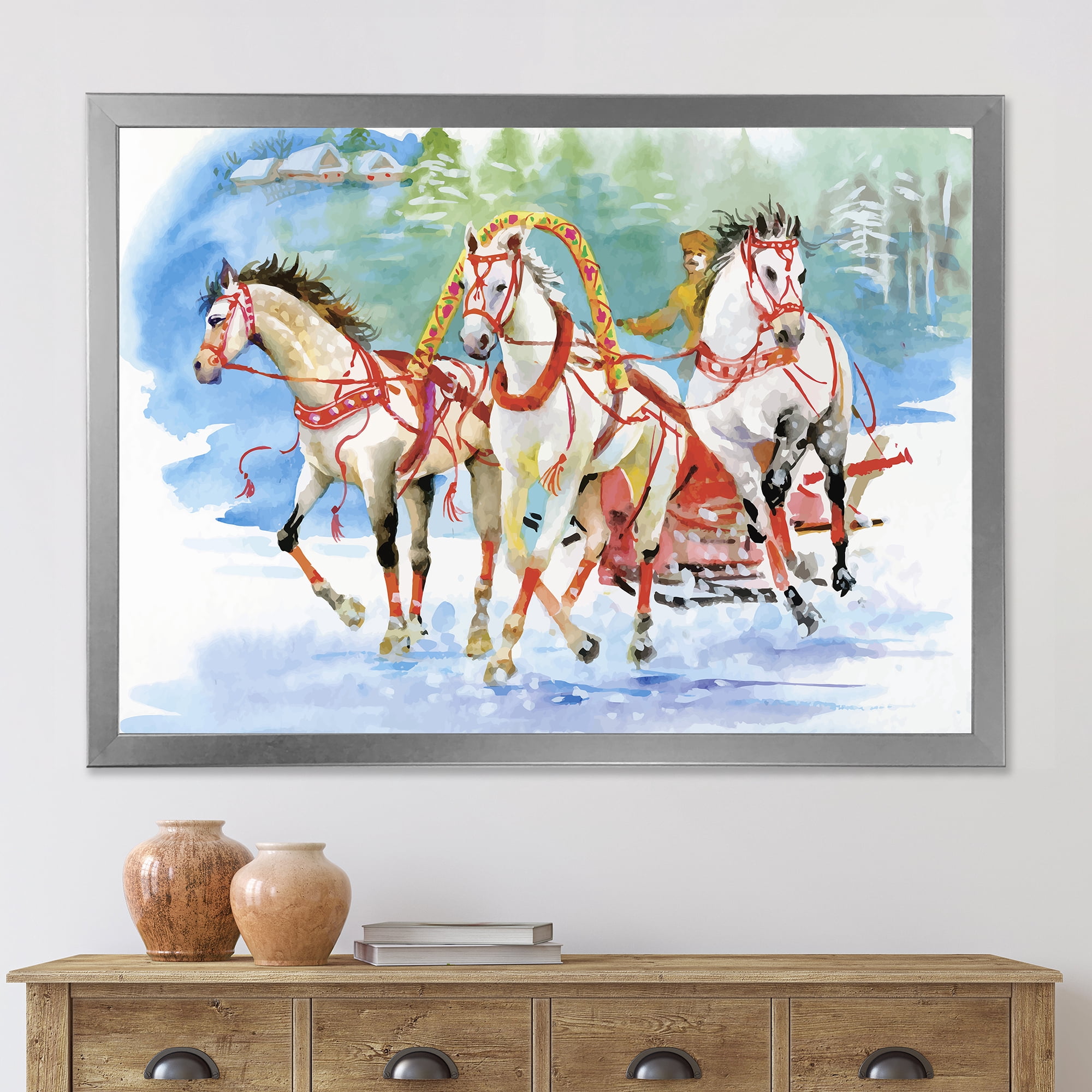 Designart 'Carriage In The Snow With Galoping Horses' Farmhouse Framed Art Print