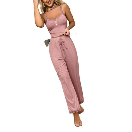 

2pcs Set Casual PJ Pant Sets Sleeveless Dusty Pink Women s Pajama Sets (Women s)