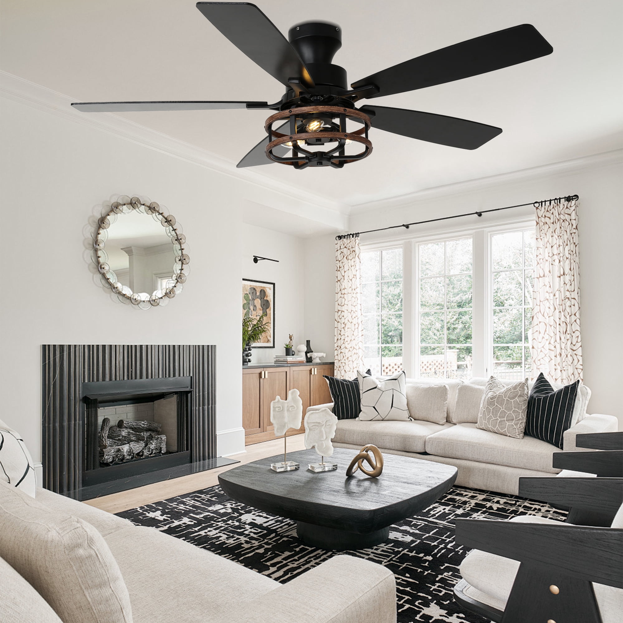 Cusp Barn 52 inch Black Farmhouse Industrial Flush Mount Ceiling Fan with Lights and Remote, 6 Speeds Low Profile Ceiling Fan