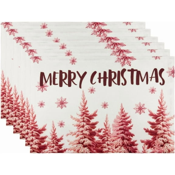 Christmas Placemats for Dining Table,Christmas Trees and Snowflake Pattern,Washable Two-Double Thickened Heat Resistant Dinner Table Mats,Placemats Set of 6,Pink and Red