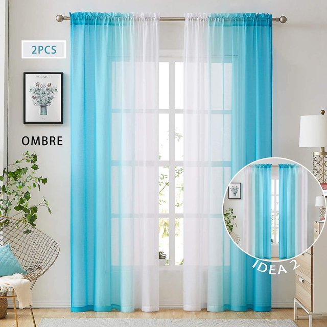 Cortinas transparentes de lino de imitación azul Ombre para el bolsillo de la barra de la sala de estar del dormitorio, cortinas semiventana de gasa degradable reversible de 2 tonos, fibra de luz y pr Feliz Sencillez