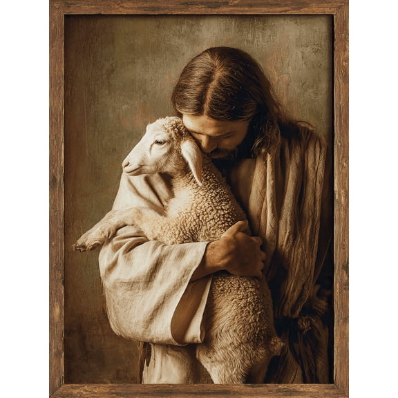 Qisvanset Jesus Holding Lamb Religious Canvas Wall Art 15.75x11.81 Inches