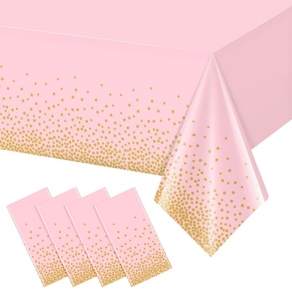 Pink and Gold Plastic Tablecloth 4 Pack, Disposable Table Cover with Gold Dot Confetti, 54x108 Inch for Rectangle Tables, Birthday Wedding Party Decor, Light Pink
