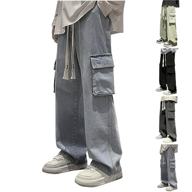 Styesk Men's Pants Men's Solid Color Pocket Workwear Pantscasual Straight Leg Pants
