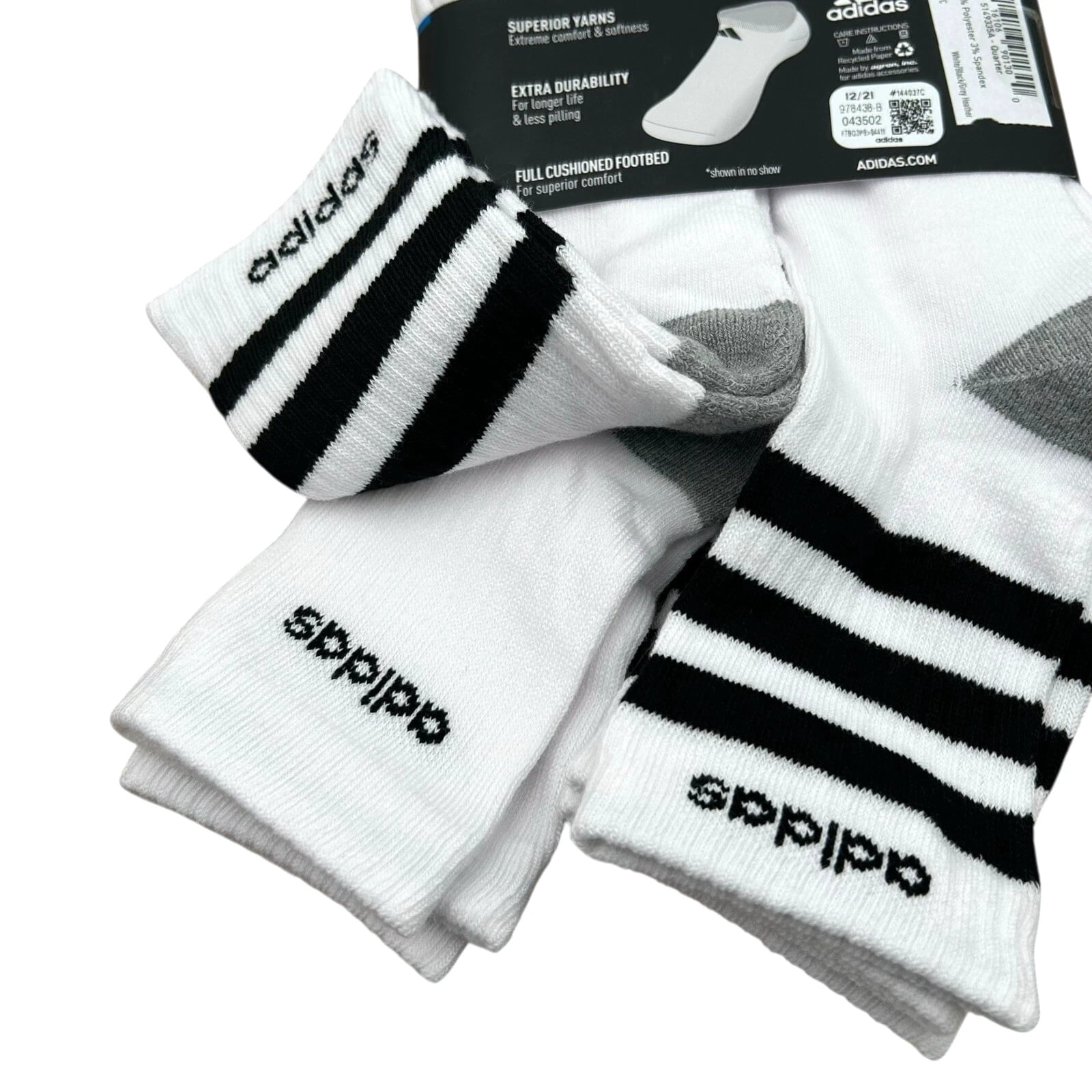 adidas Mens Athletic Mid Calf Socks 6pk Cushioned Size 6-12 White-Black 3-Stripe