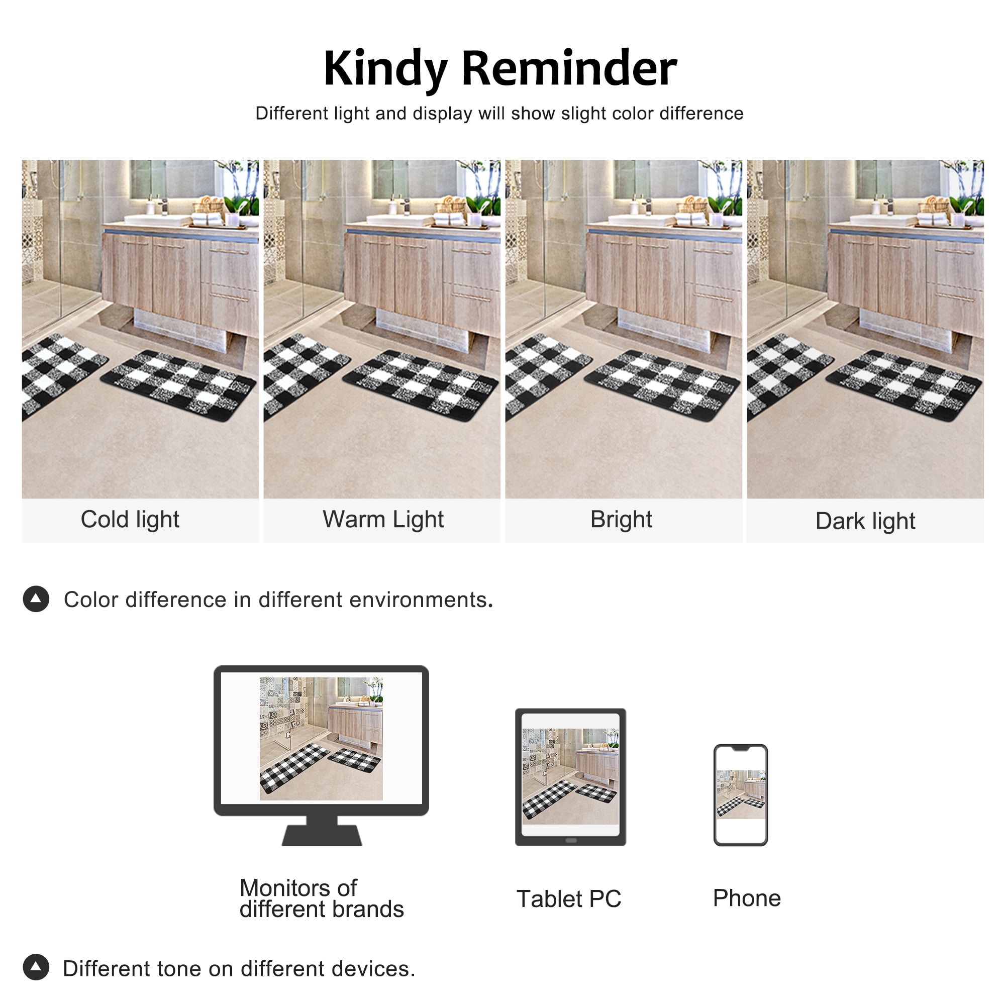 REGALWOVEN Microfiber Plaid Bathroom Rugs, 2 Pcs Extra Soft Fluffy Absorbent Bath Rug Black & White 17"x24"&17"x47"