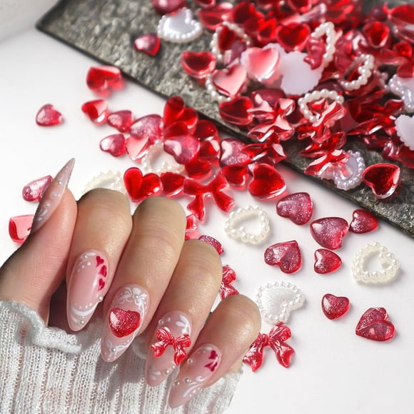 Juego de amuletos para uñas ZOAZJINAZ, 100 unidades, lazos rojos con forma de corazón de San Valentí