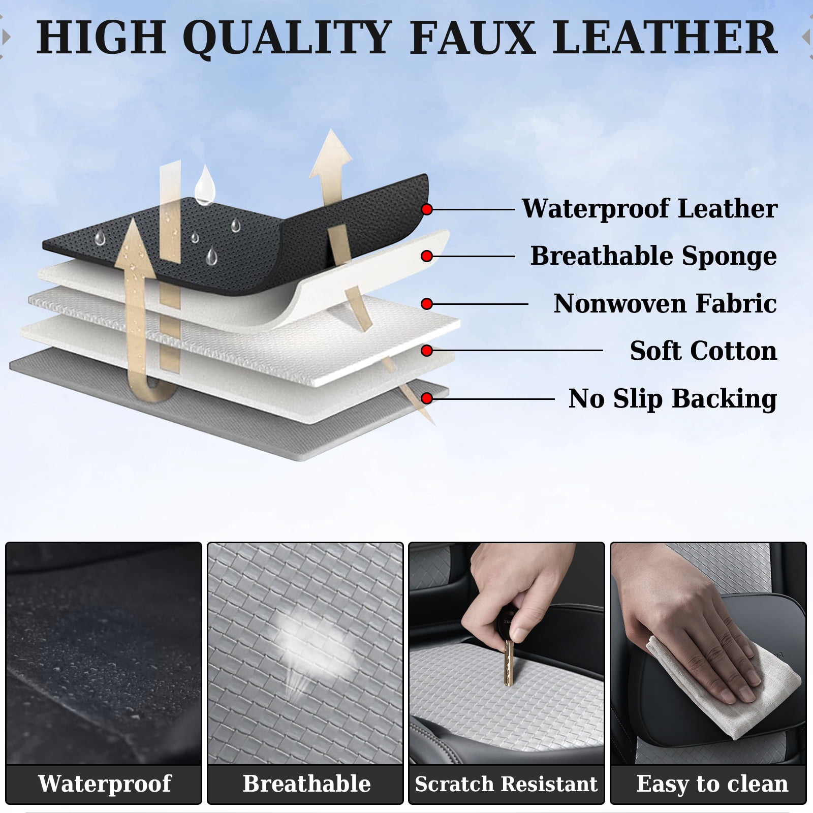 Coverado Waterproof Seat Covers For Cars, High-grade Leather Front Seat Protectors with Lumbar Support, Auto Cushions Universal Fit for Most Cars SUV Trucks, Black&Gray