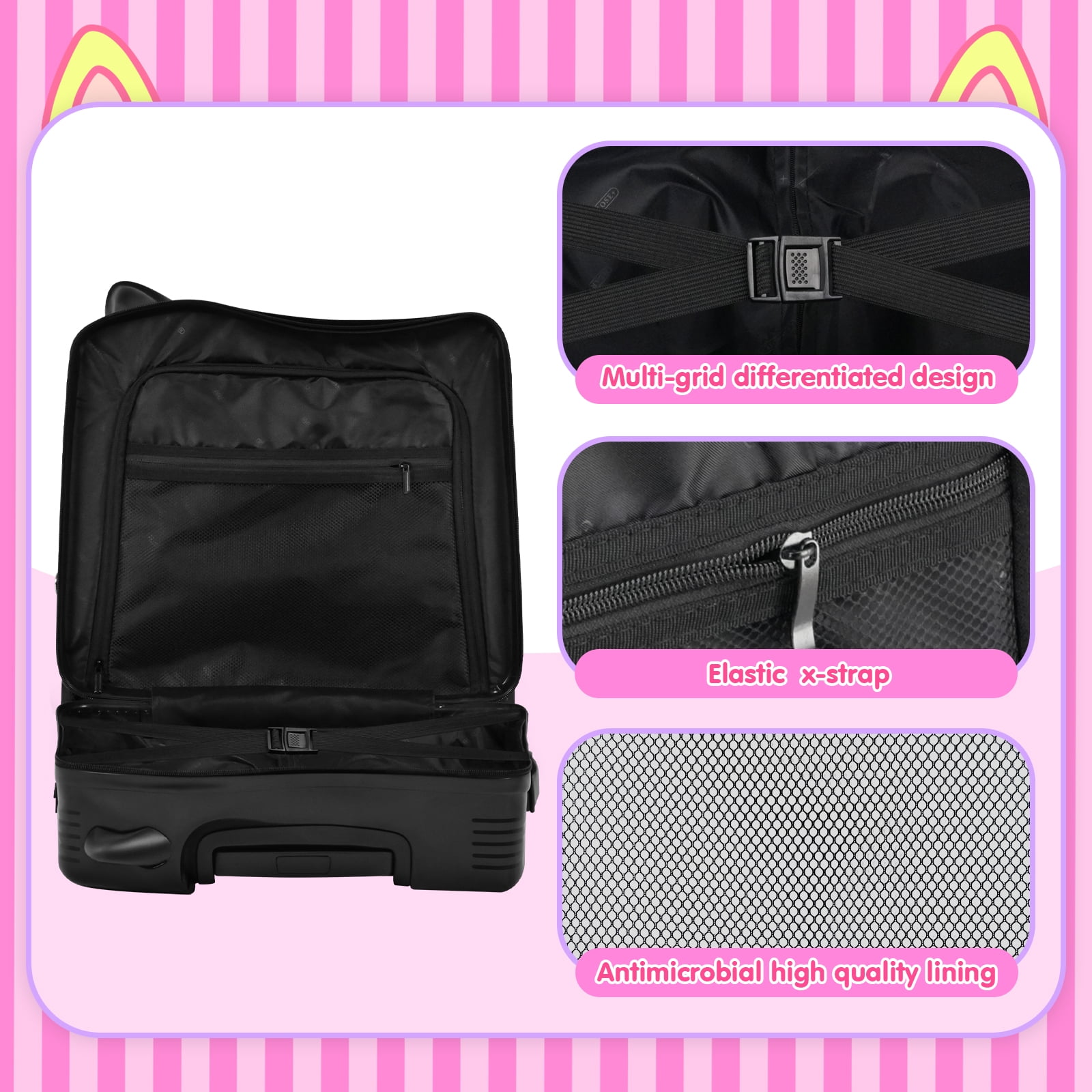 Advwin 20" Ride on Hardshell Suitcase with Spinner Wheels for Kids, Lightweight Trolley Luggage with Carry Strap, Carry on Travel Luggage with Lock, Black