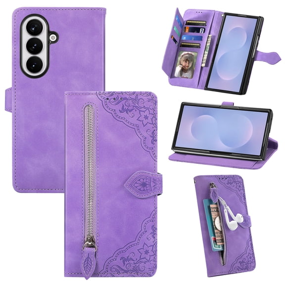 Poweltek for Samsung Galaxy Z Fold 8 Ultra Wallet Case, Zipper Pocket with Card Holder Slot Magnetic Closure Lanyard Flip Cover, Purple