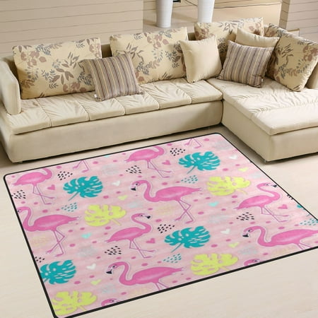 Area Rug Indoor 80 x58 Non-Slip Wear Resistant Floor Mats Soft Large Carpets for Living Room Bedroom Home Decor Washable Rug Cute Flamingo Tropical Leaves