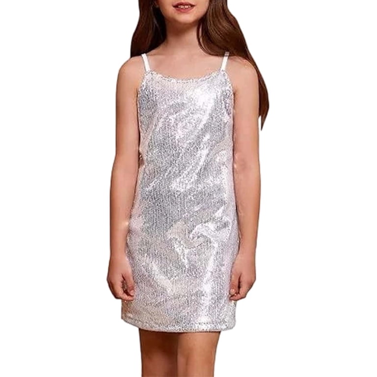 Qicasul Girls Dresses Sequin Dress Adjustable Spaghetti Strap Pencil Midi Bodycon Party Gown With Shiny Glitter For Junior Youth Formal Events Evening Occasions Casual Silver,140