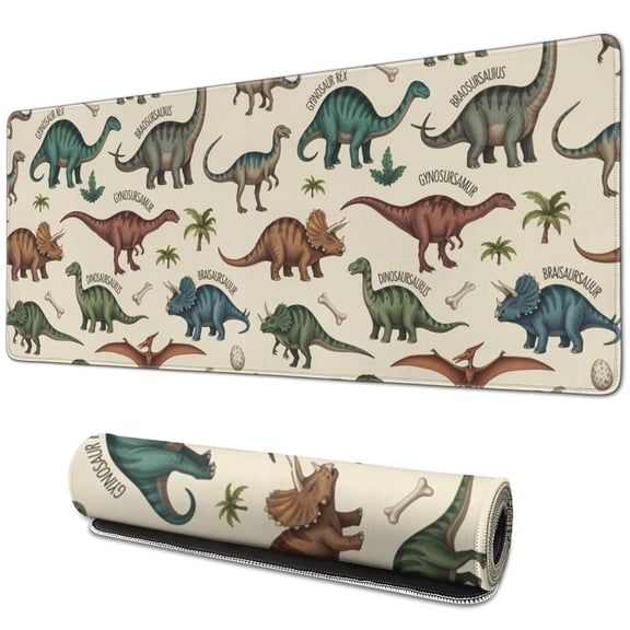 Long Mouse Pads for Desk,Beige Cartoon Dinosaurs Names Pattern Desk Mats on Top Of Desks, Desk Mouse Pad Extra Large with 3mm Non-Slip Base and Stitched Edge for Gaming,Office,Work,Home 31.5"x11.8"