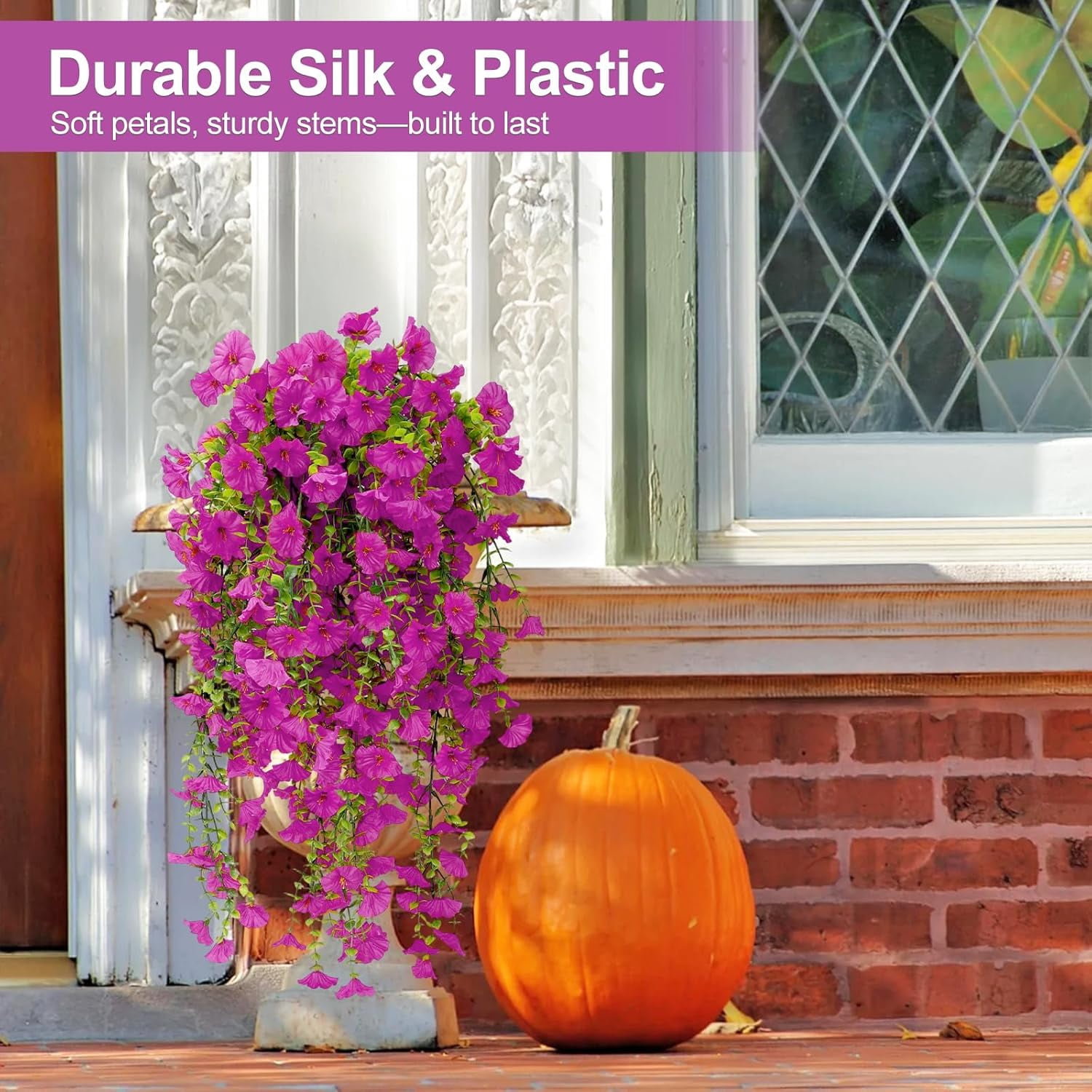 Artificial Flowers for Outdoors Decoration, 4Pcs Fake Hanging Flowers Morning Glory UV & Fading Resistant, Artificial Faux Plants Deocr for Home Porch Patio Balcony Planter Yard Garden Farmhouse