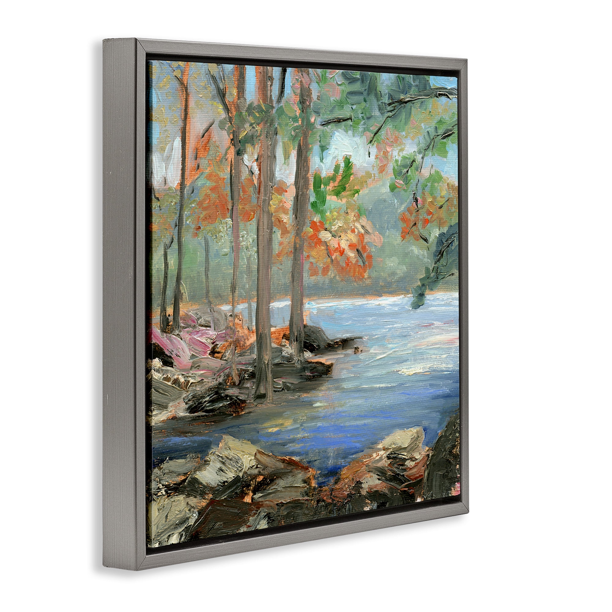 Stupell Industries Woodland Creek Looming Trees Landscape Painting Gray Floater Framed Canvas Art Print Wall Art, 25 x 25