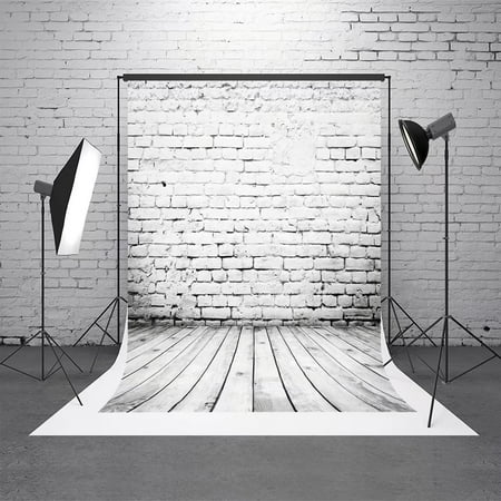 GreenDecor Polyster 5X7ft White Wall Brick Wood Backdrops High-Grade Cloth Studio Prop Background Party Backgrounds
