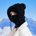 thumbnail image 4 of Women’s Knitted Beanie Hat with Face Cover - 3 in 1 Winter Balaclava with Mask Scarf Ear Muffs Pompom Fleece Lined Snow Caps Winter Gifts for Women Black, 4 of 5