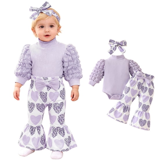 Baby Girl Valentines Outfit Long Sleeve Heart Print Romper Bodysuit Flare Pants and Headband Set Cute Baby Girl Outfit Baby Girl Outfit 9-12 Months