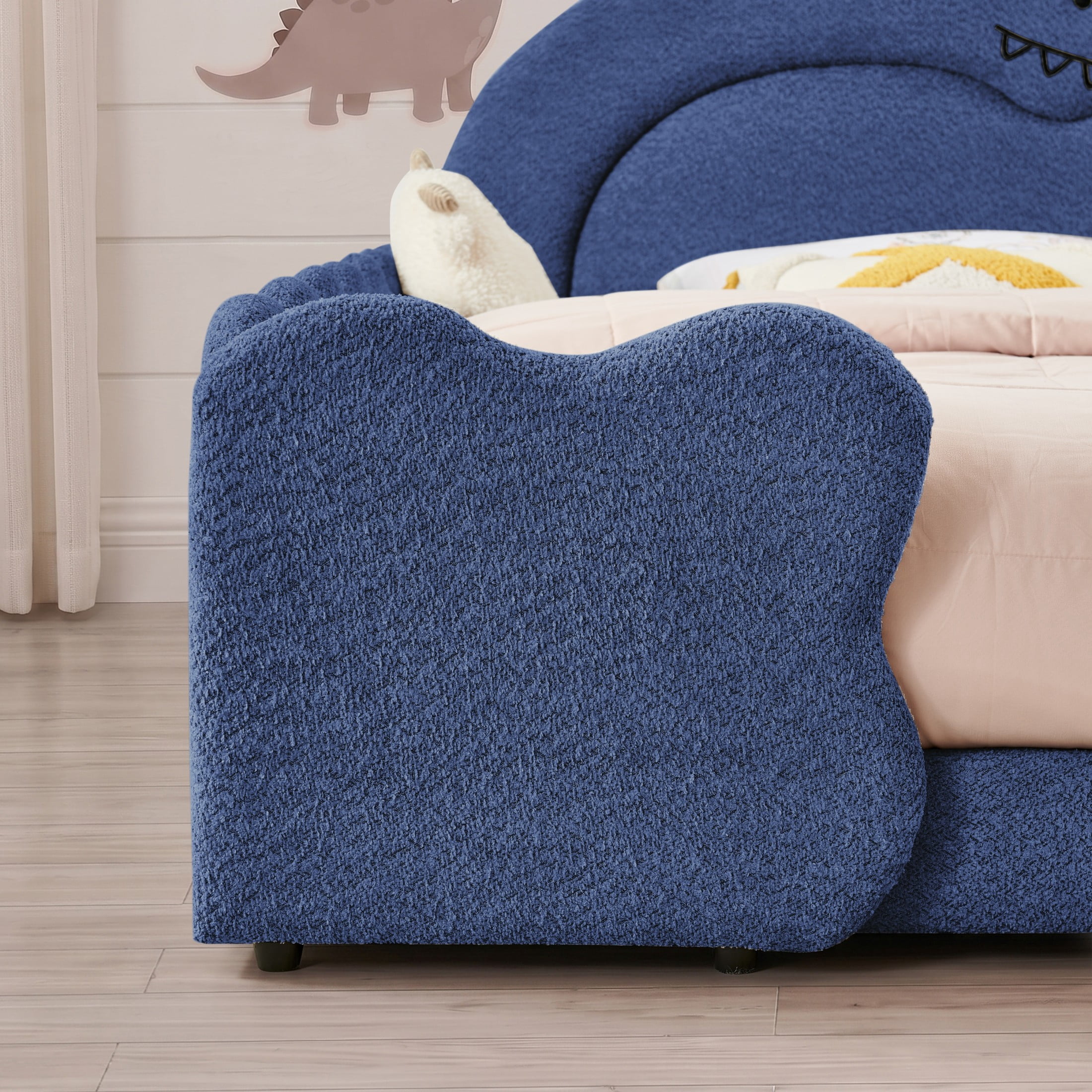 GDF Studio Full Size Cute Dinosaur Bed with Safety Guardrails & Solid Wood Frame, Boucle Fabric Upholstered Bed, Navy