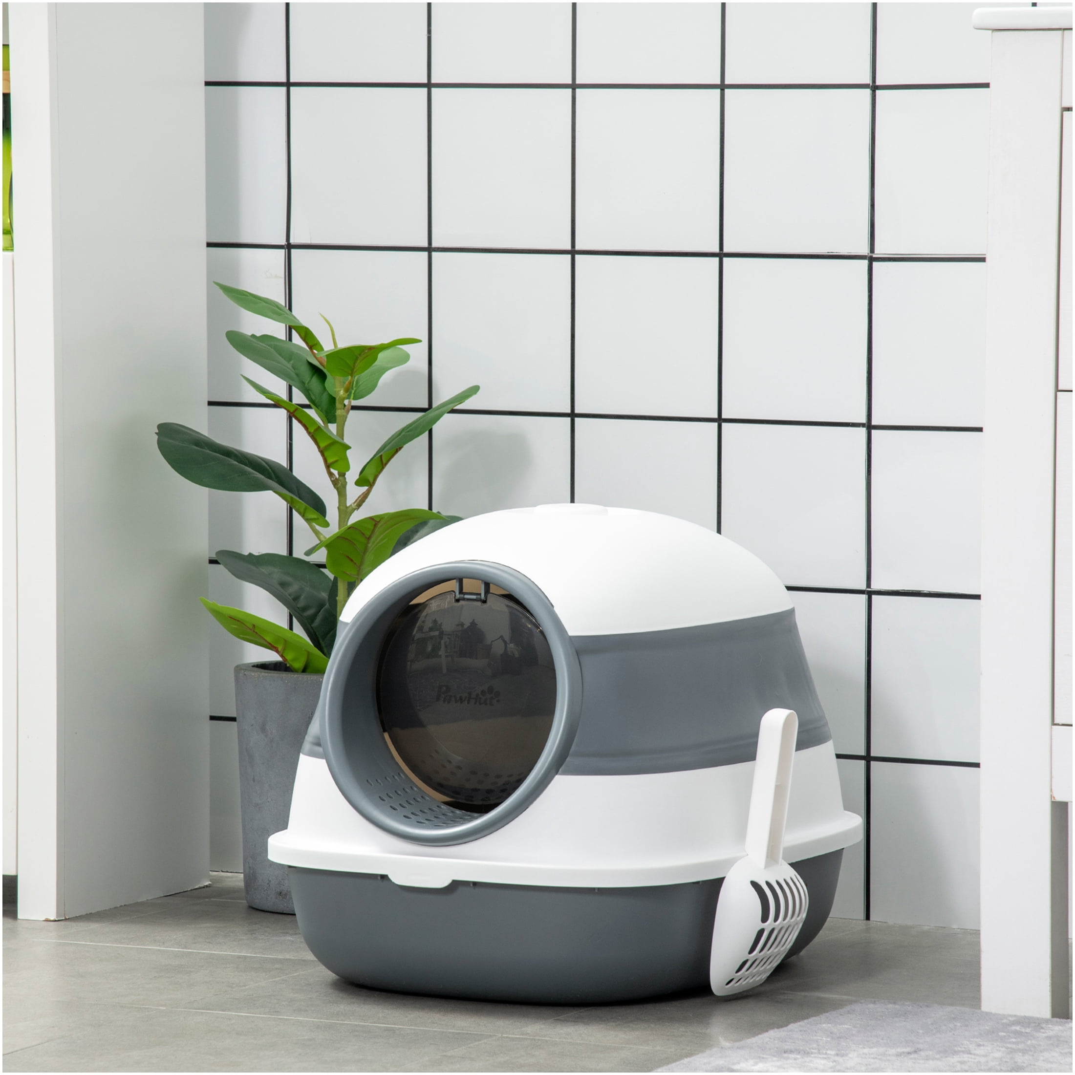 JERFIT Enclosed Cat Litter Box with Lid, Foldable High Sided Litter Box for Odor Control, Large Entrance Kitty Litter Pan with Air Freshener, Easy Clean & Portable, White