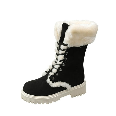 

Xfvqtps Womens Snow Boots Mid Calf Plush Fleece Line Suede Upper Lace Up Chunky Heel Non Slip Warm Winter PU Shoes New Thick Heel Strap Boots Black