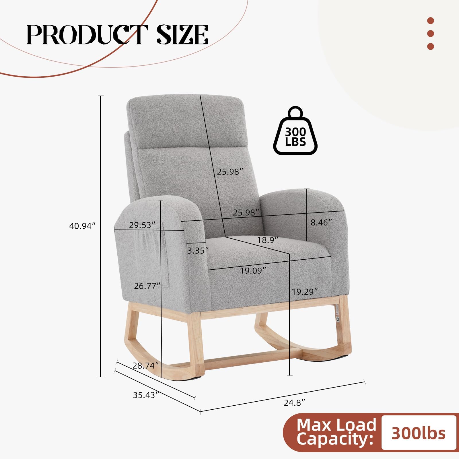 Nursery Glider Rocking Chair with Side Pocket - High Back Rocking Armchair with Rubber Wood Legs, Accent Chair for Living Room, Bedroom, Nursing Room, Nursery